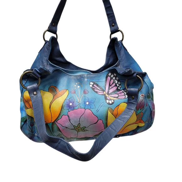 Anuschka Large Butterfly & Flowers Hand Painted Genuine Leather Shoulder Bag - Picture 5 of 14